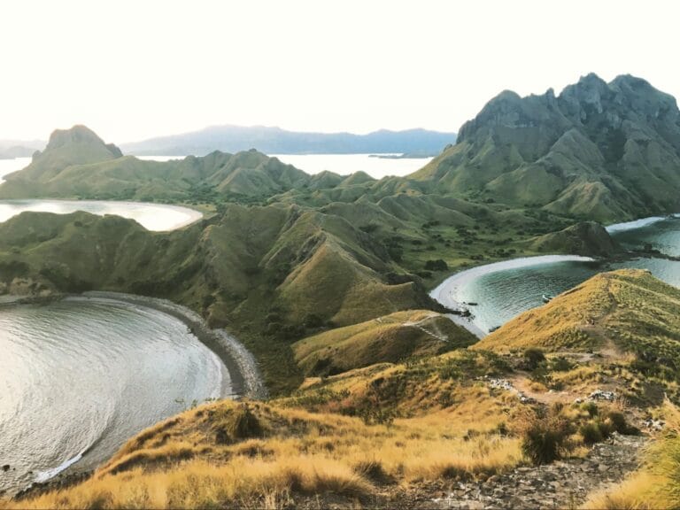 Panorama Pulau Padar dengan bukit savana dan tiga teluk berwarna berbeda saat cuaca cerah di Taman Nasional Komodo